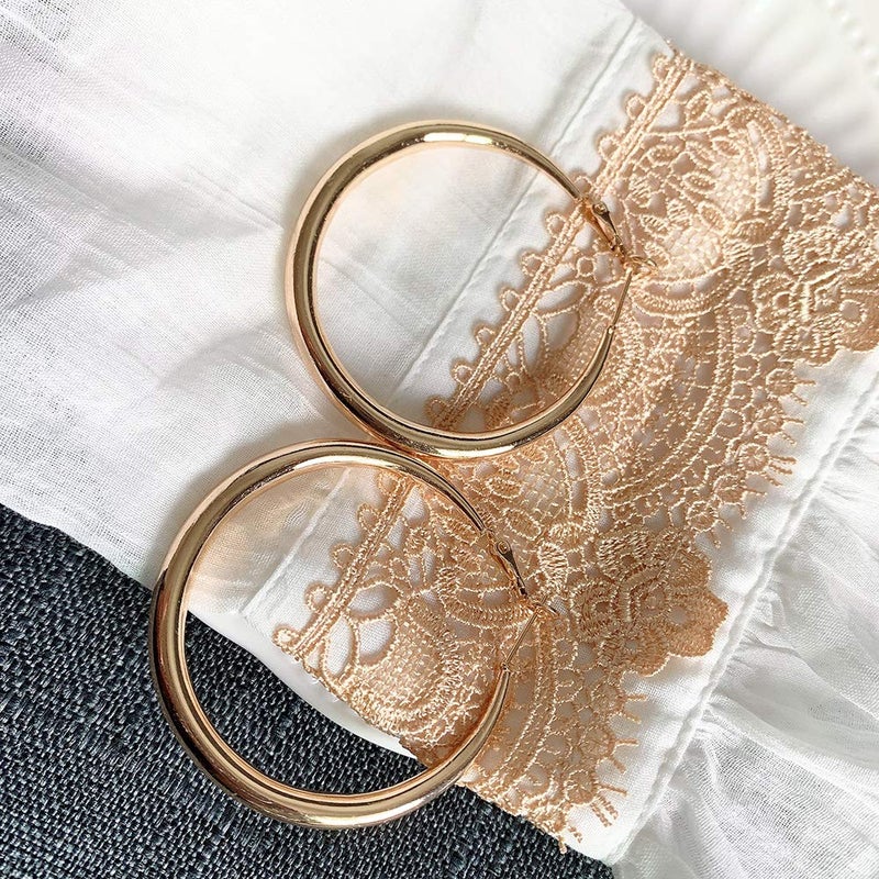 Doubnine Hoop Earrings for Women Golden Large Earrings Thick Round Chunky Fashion Jewelry 50 mm (golden) - Image 4